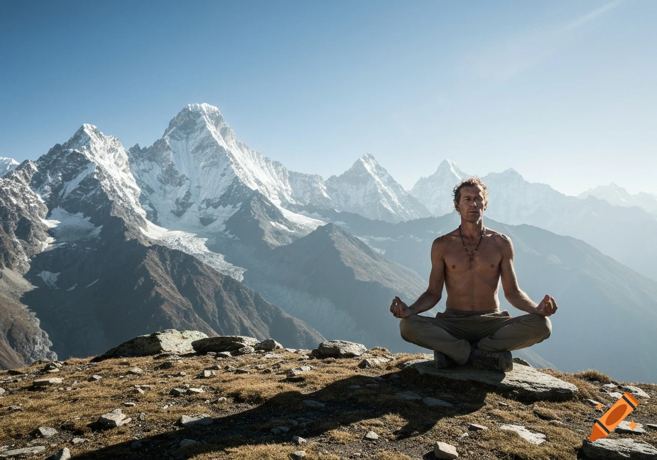 A shirtless man meditates in a yoga pose on a rocky mountain peak with snow-capped mountains in the background under a clear sky.
