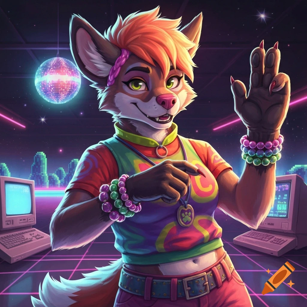A smiling anthropomorphic fox character with orange hair and green eyes, wearing colorful 90s clothing and kandi bracelets, in a neon-lit synthwave disco setting with retro computers and a disco ball.