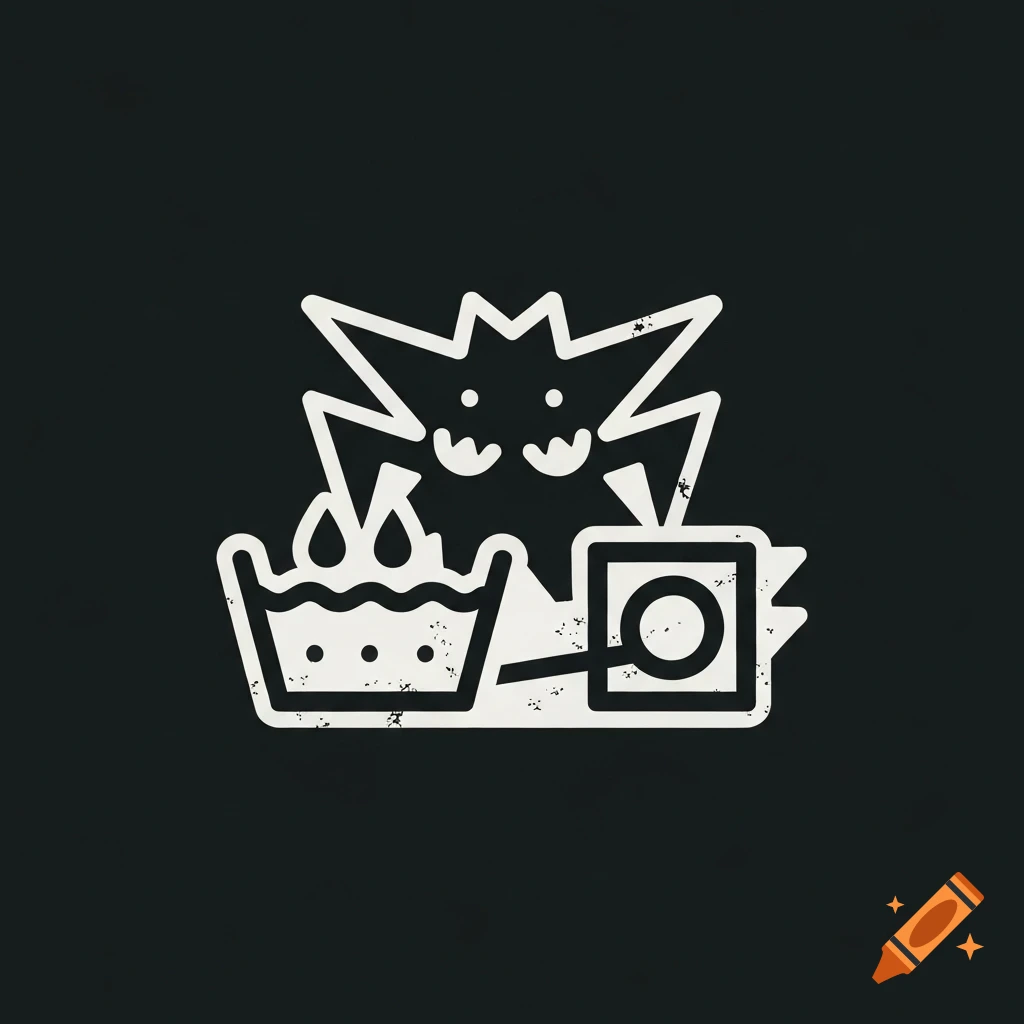 White line-art icon depicting a washing basin with water, a stylized monster face, and a magnifying glass on a dark background.