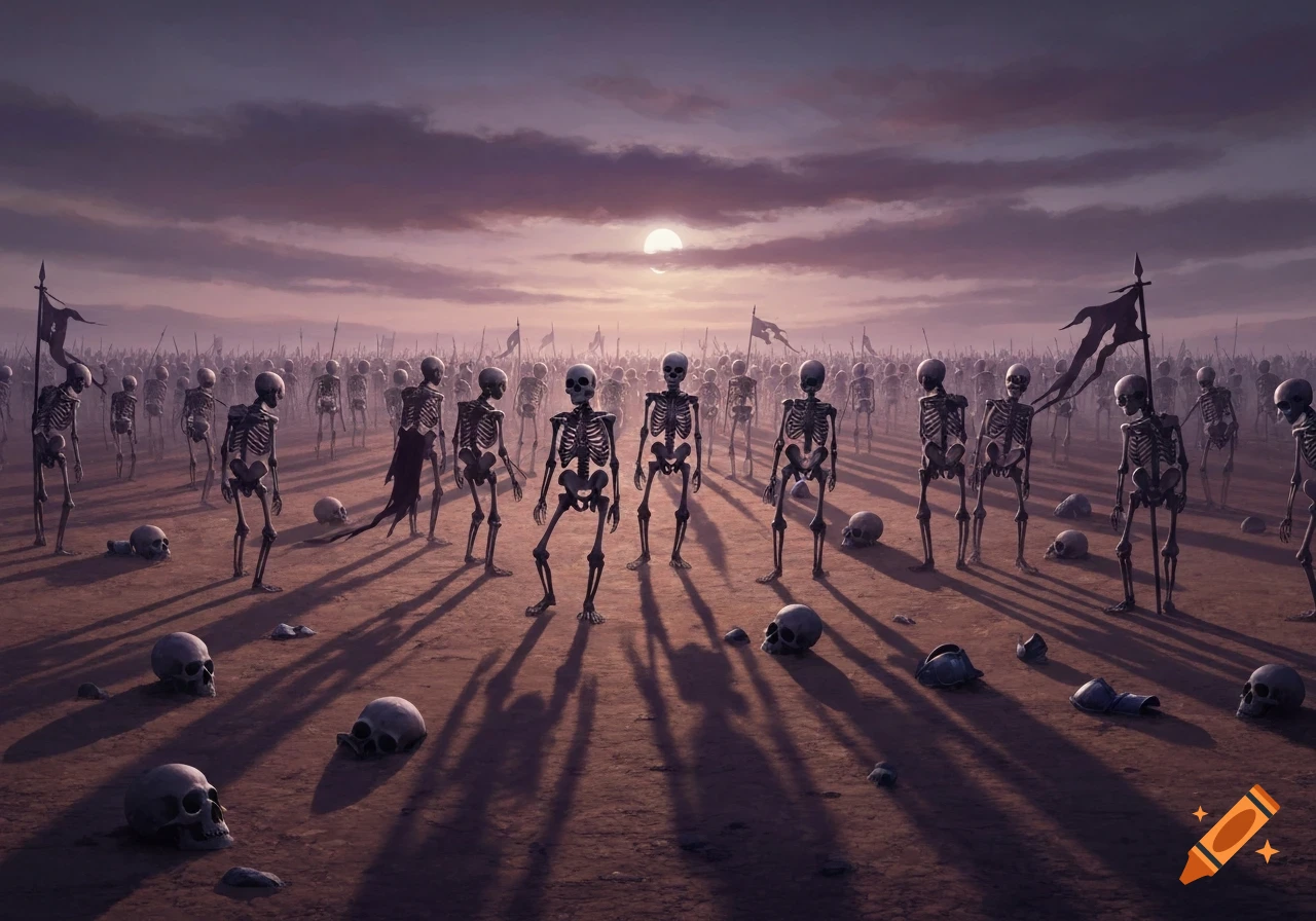 A vast army of skeletons stands on a desolate plain at sunset, casting long shadows. Skulls litter the ground under a dramatic, cloudy sky.