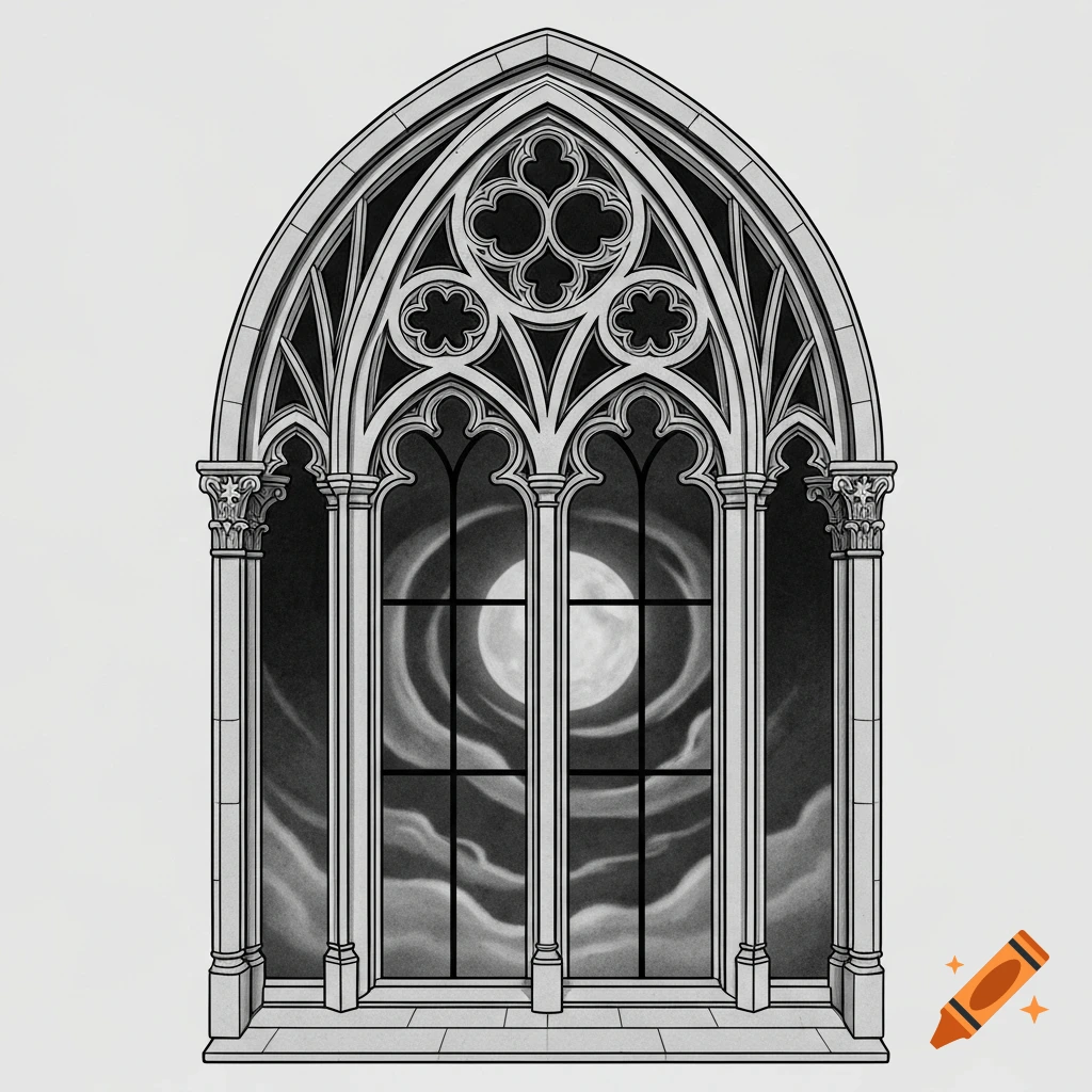 Black and grey illustration of a gothic arched window looking out at a full moon and clouds.
