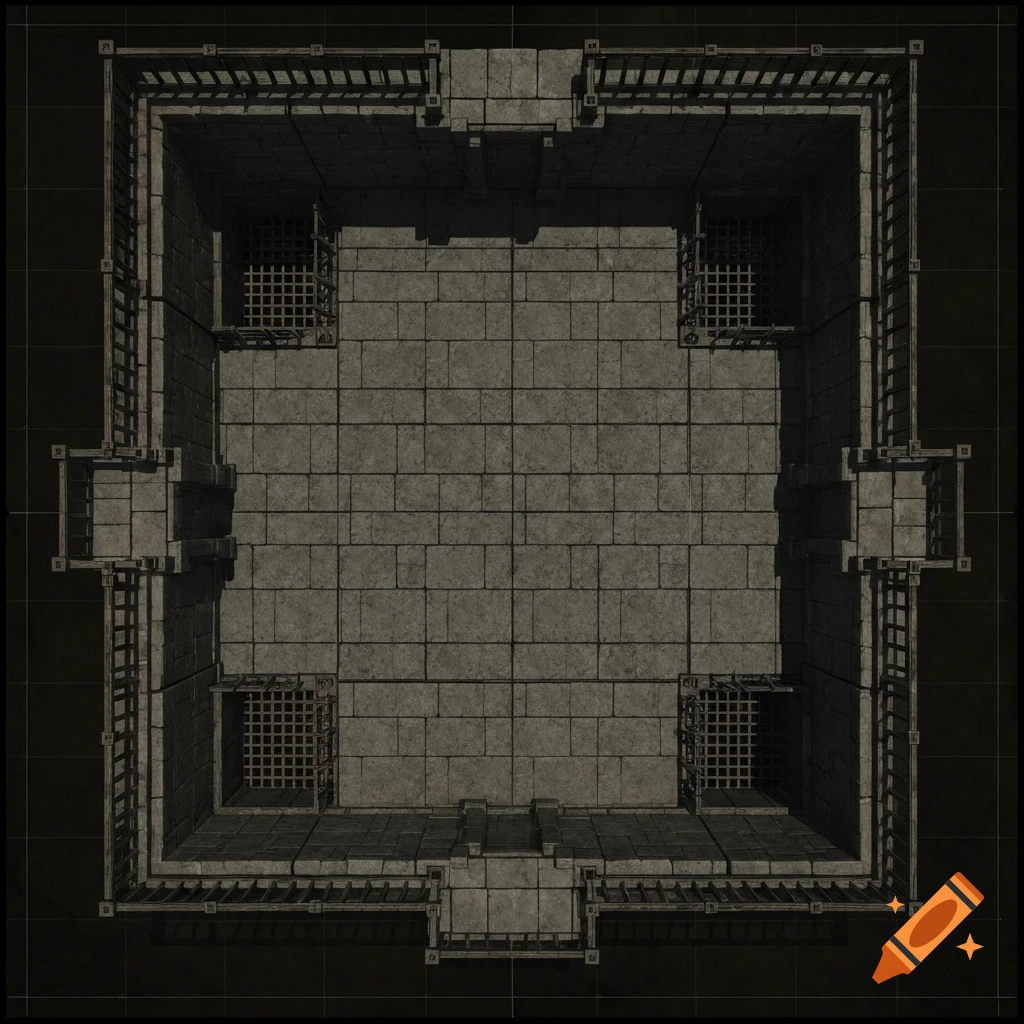 Top-down square stone dungeon battlemap with gridded floor, corner trapdoors, and perimeter balconies in a dark fantasy style.