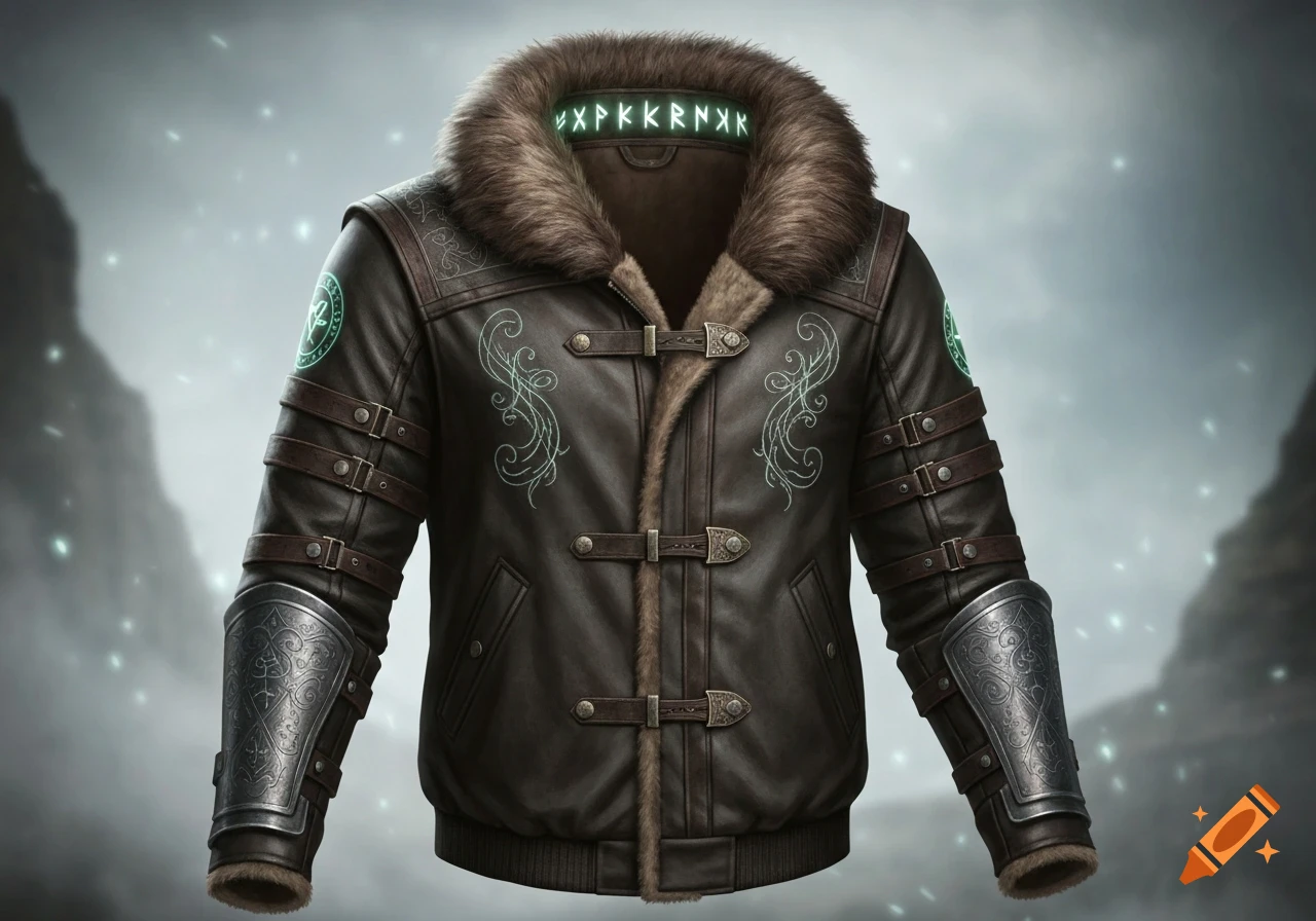A detailed fantasy medieval bomber jacket with dark leather, thick fur lining, luminous runes on the collar, and engraved metal arm guards against a misty backdrop.