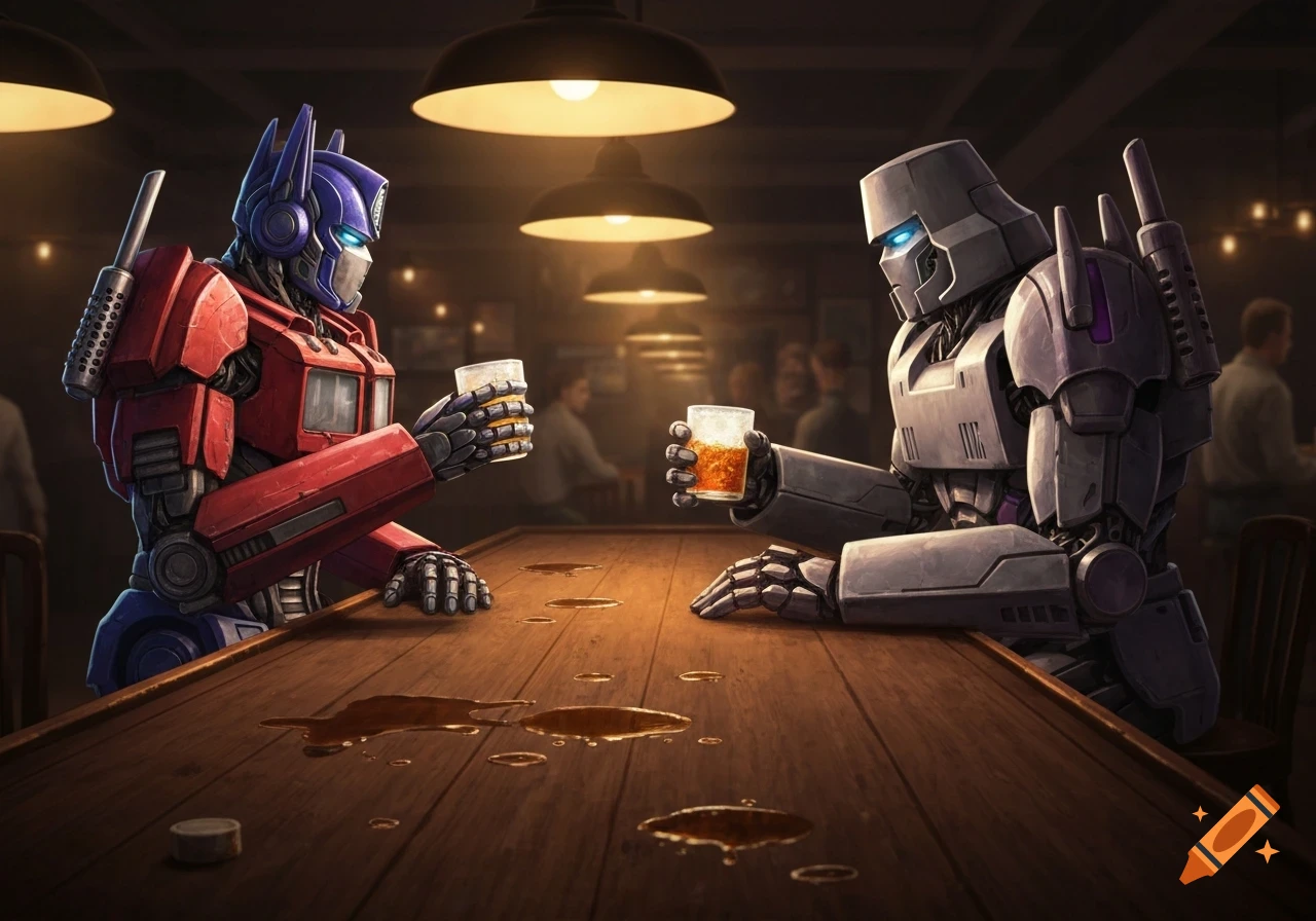 Optimus Prime and Megatron sit at a wooden bar counter, each holding a glass of amber liquid, in a dimly lit bar.