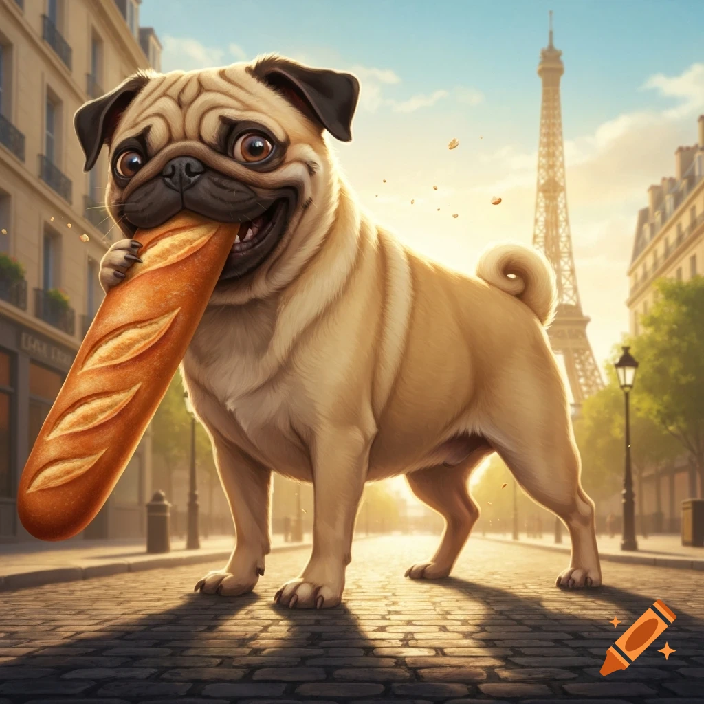 A happy pug dog carrying a large baguette in its mouth, walking on a cobblestone street in Paris with the Eiffel Tower in the background.