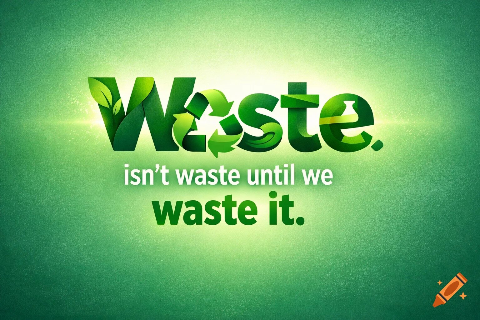 Green graphic slogan 'Waste isn't waste until we waste it.' with leaves and recycling symbol against a green background.