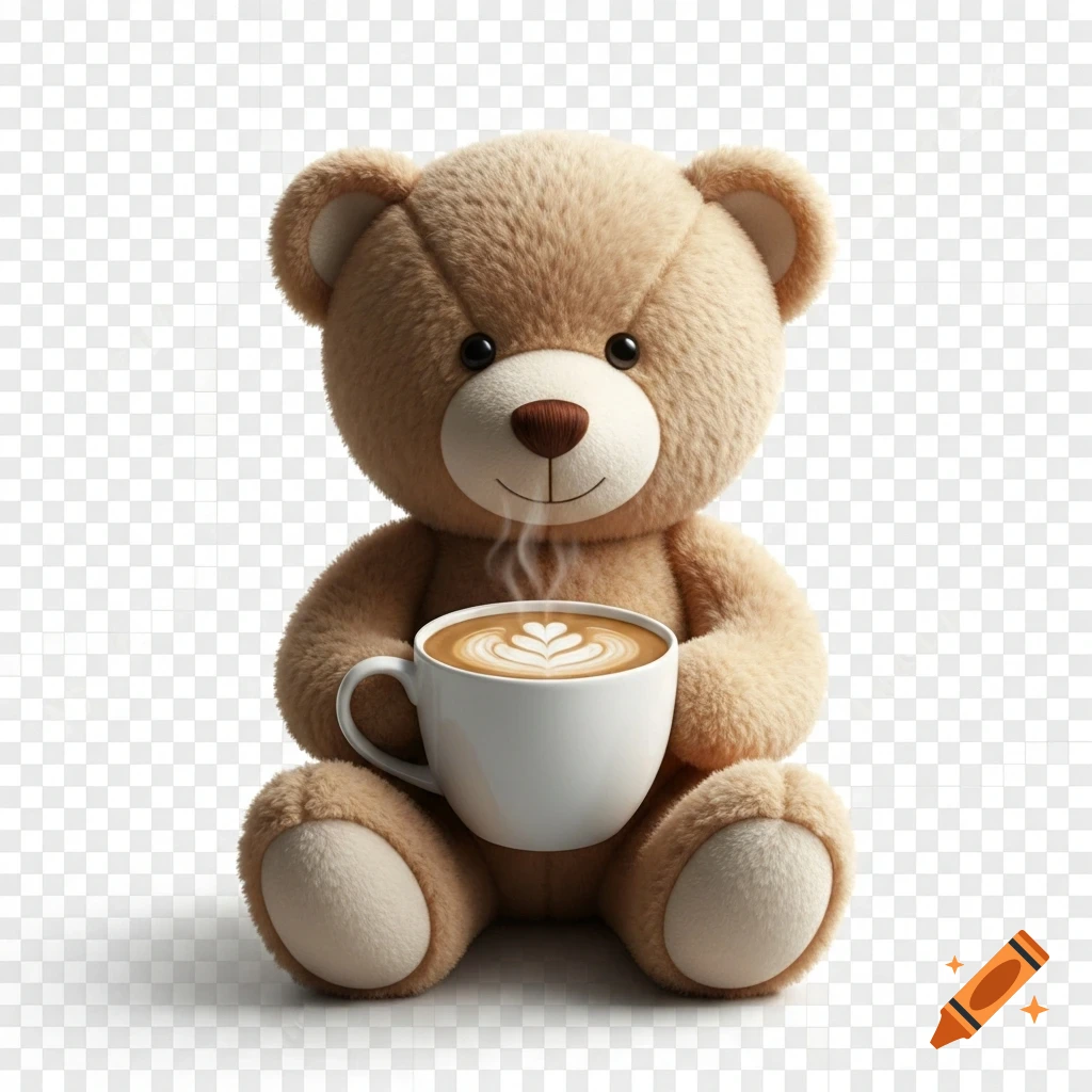 A fluffy teddy bear toy sitting and holding a white mug with a steaming latte and heart-shaped latte art on a transparent background.