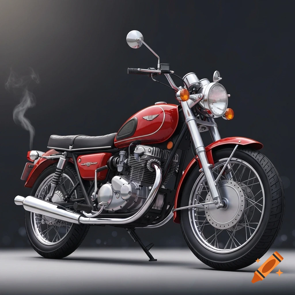 A gleaming red and black vintage motorcycle with chrome pipes and details stands against a dark background, in an anime-inspired style.