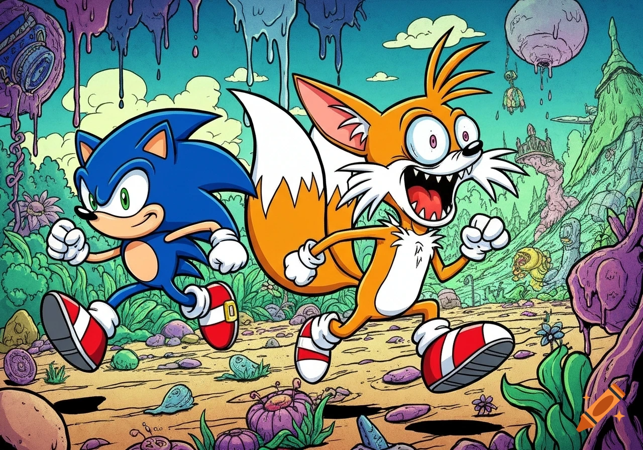 Sonic and an exaggerated Tails run through a vibrant, surreal landscape in Ren and Stimpy cartoon style.