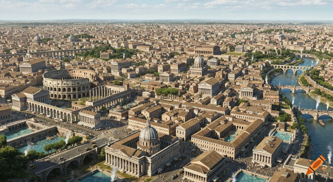 Photorealistic aerial panoramic of ancient Rome, featuring the Colosseum, Pantheon, Forum, aqueducts, and Tiber River.