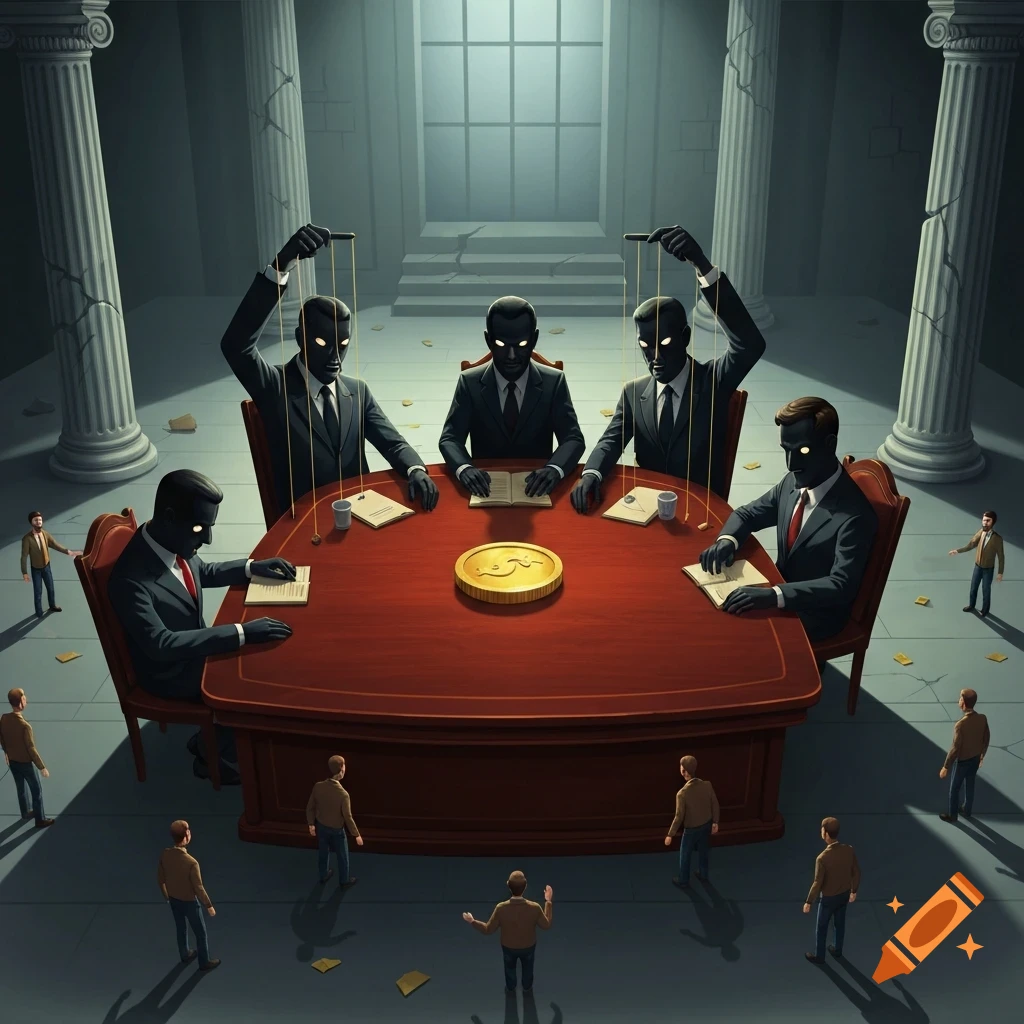 Political cartoon showing shadowy figures manipulating smaller people like puppets around a large gold coin on a table in a grand hall.
