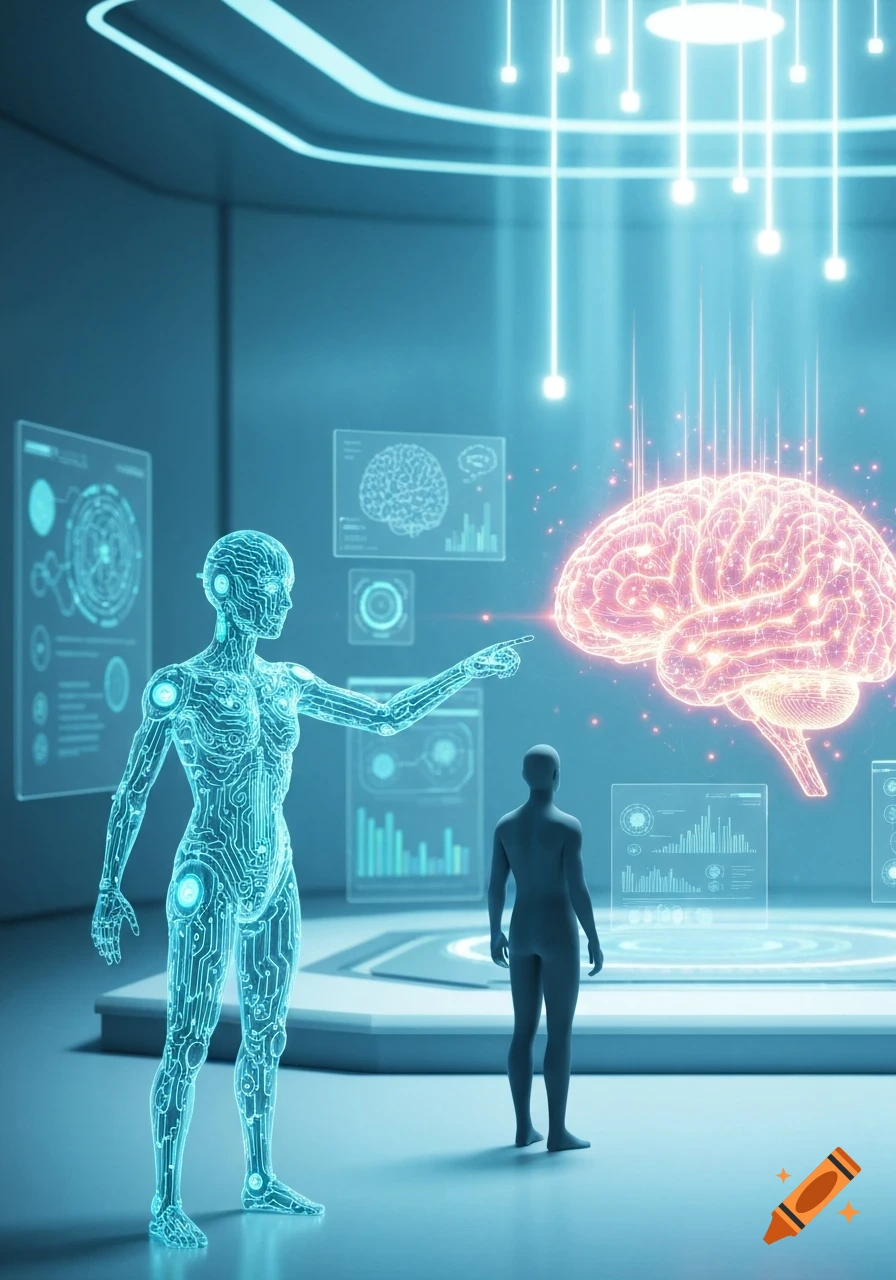 A humanoid AI figure made of glowing circuit lines points to a large glowing brain in a futuristic data chamber with a human figure.