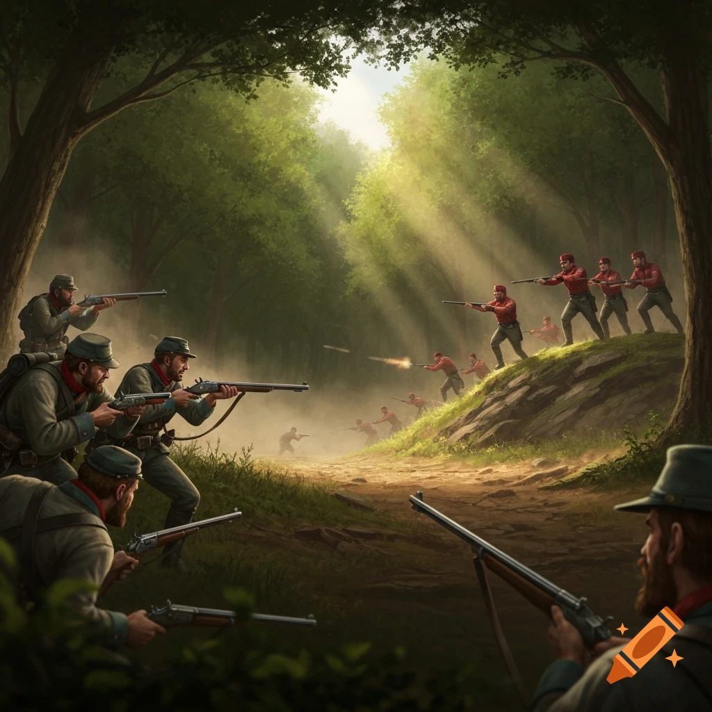 Two groups of 19th-century soldiers engage in a gunfight in a misty forest, sunlight piercing through the trees.
