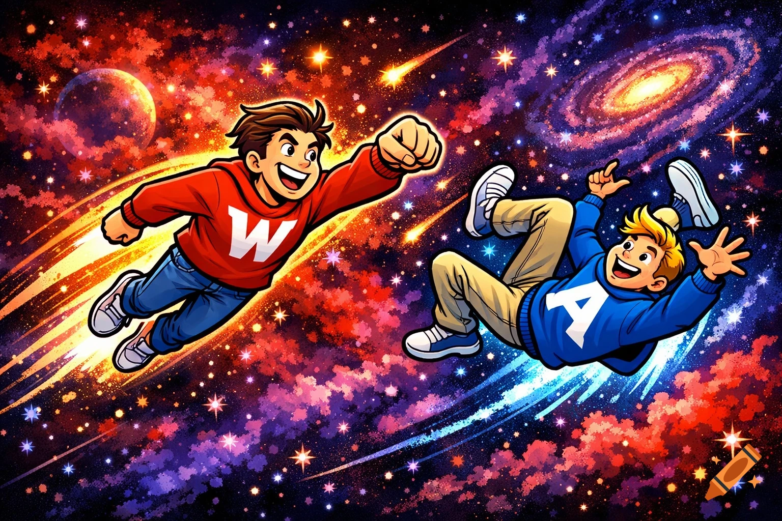 Two cartoon boys, one in a red sweater with 'W' and one in a blue sweater with 'A', fly through a vibrant cosmic space scene.