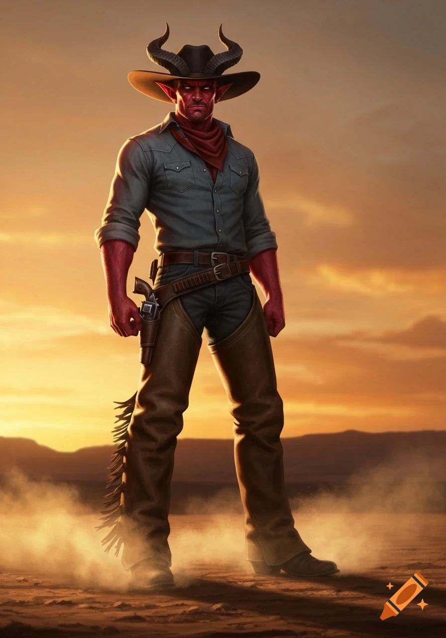 A red-skinned, horned tiefling cowboy stands confidently in a dusty desert at sunset.