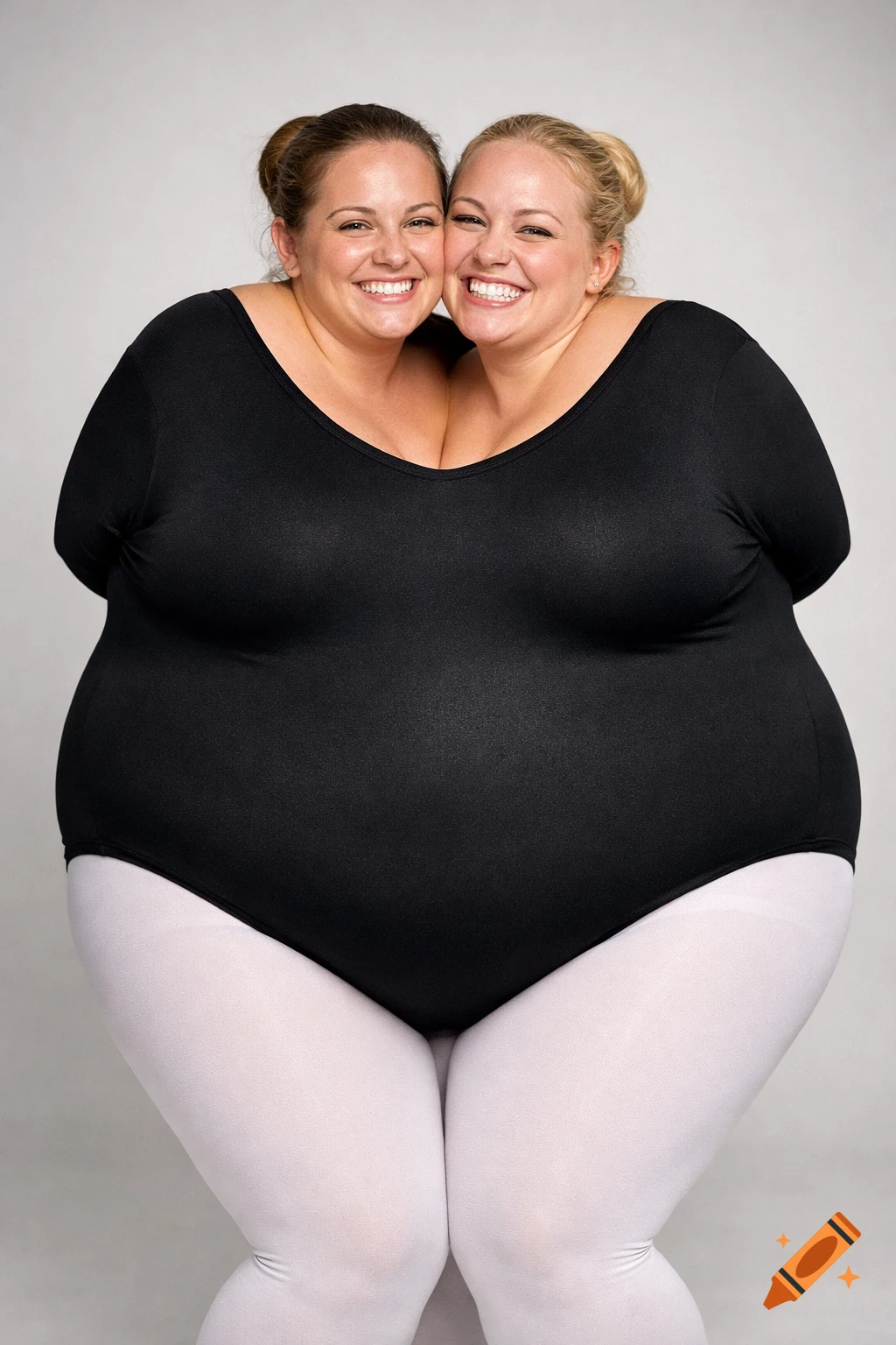 Two smiling plus-size women with two heads, one body in a black leotard and white tights, creating a seamless illusion.