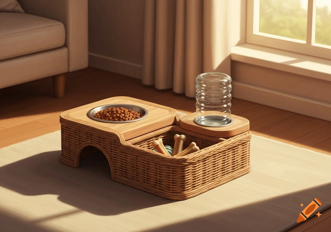 A stylish wicker pet feeding station with a bowl of kibble, a water dispenser, and dog bone toys inside, set in a sunny room on a rug.