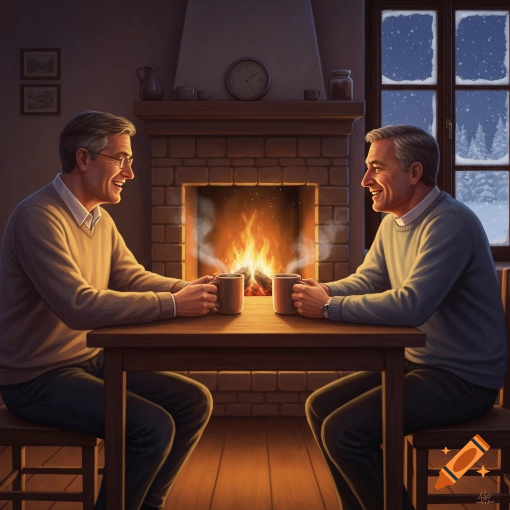 Two smiling older men in sweaters sit at a table, each holding a steaming mug, in front of a warm fireplace. Snow is visible outside a window.