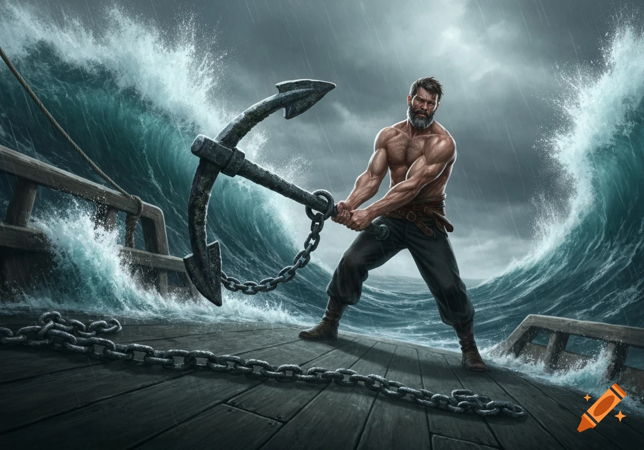 Muscular man on a ship deck battling towering waves, holding a large anchor amidst a storm.