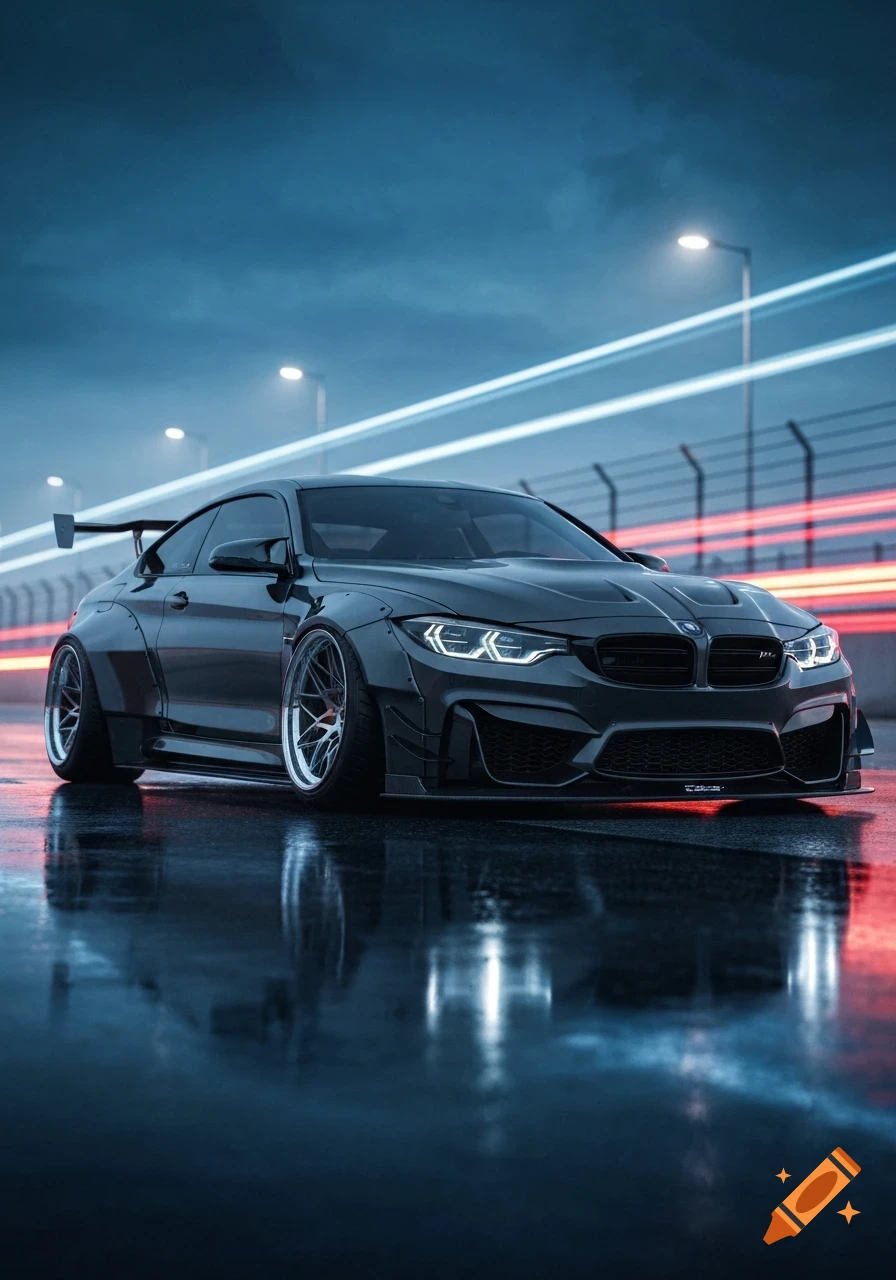 Photorealistic wide-body dark grey BMW M4 Competizione on a wet road at night, with light trails and reflections.