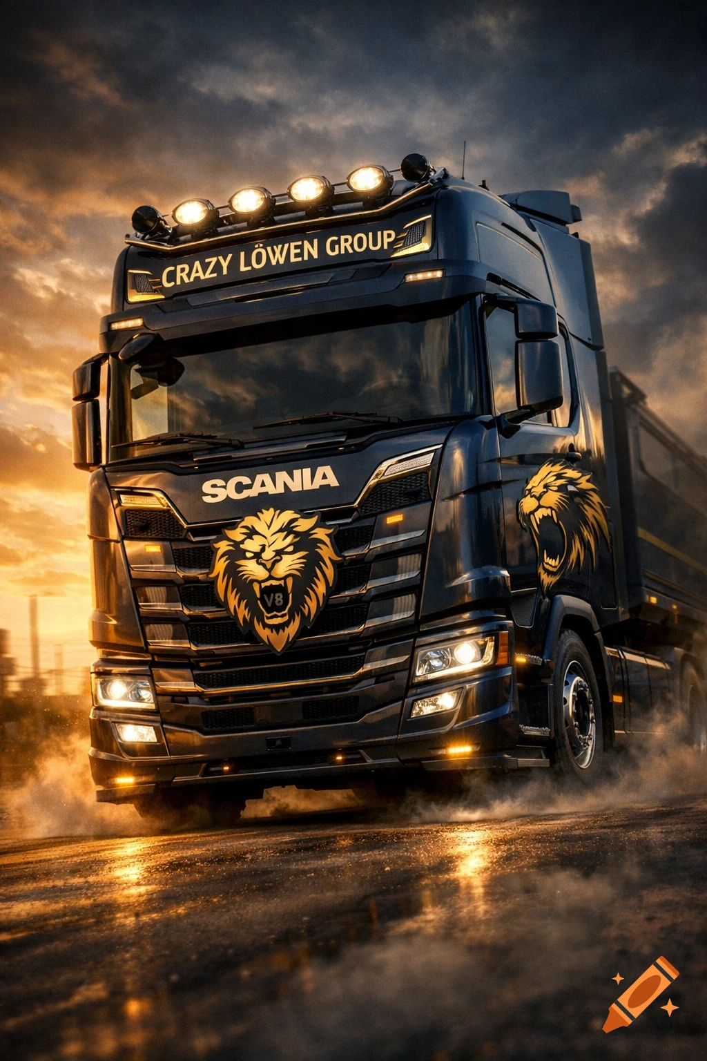 A black Scania truck with golden lion emblems drives on a wet road at sunset, photorealistic.