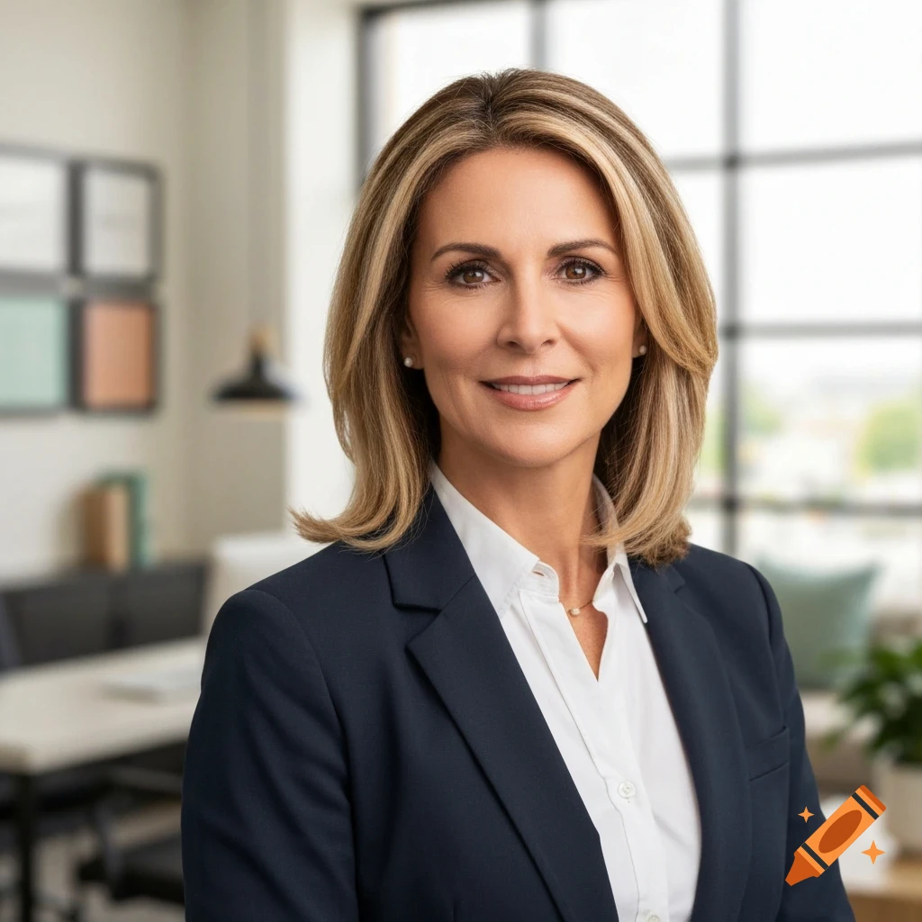 A smiling middle-aged woman with blonde hair in a dark suit and white shirt, standing in a bright office.