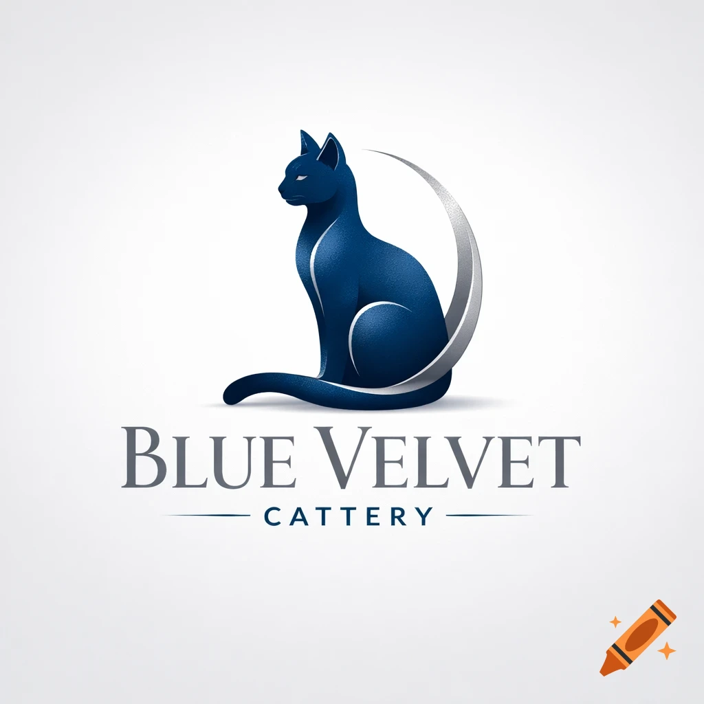 A stylized deep blue cat logo, sitting with a silver crescent behind it and the text "BLUE VELVET CATTERY" below.