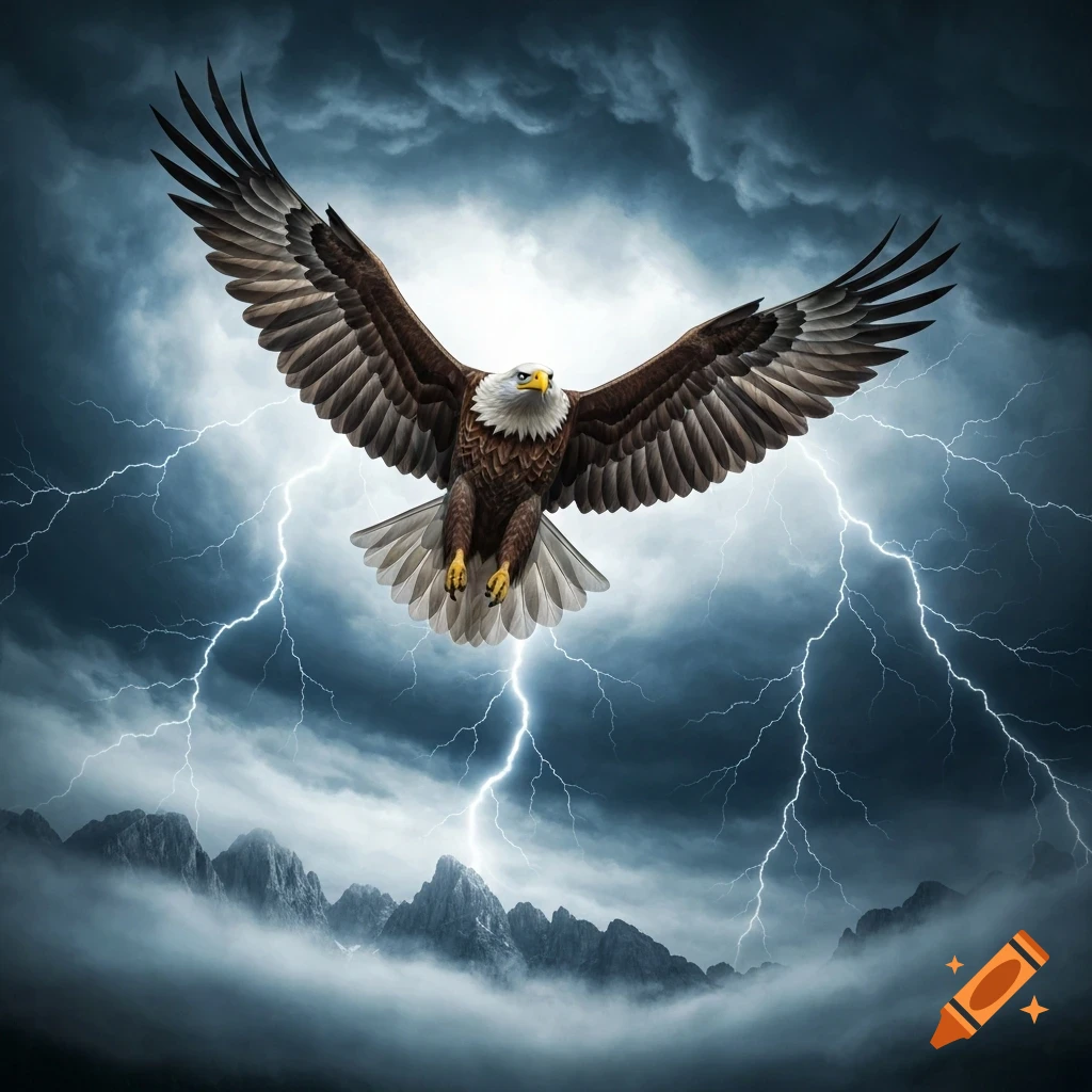 A majestic bald eagle soars through a lightning storm over dark, misty mountains.