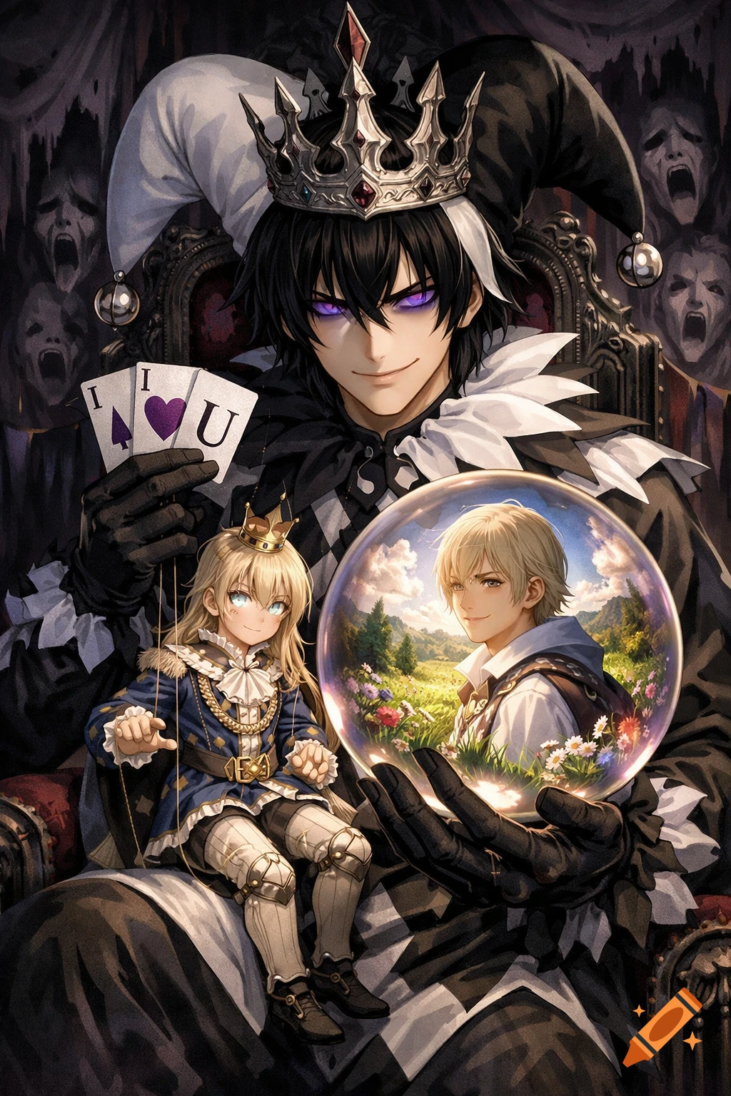 Anime jester with purple eyes holds cards, a puppet prince, and a crystal ball with a meadow scene, against a dark background of screaming faces.