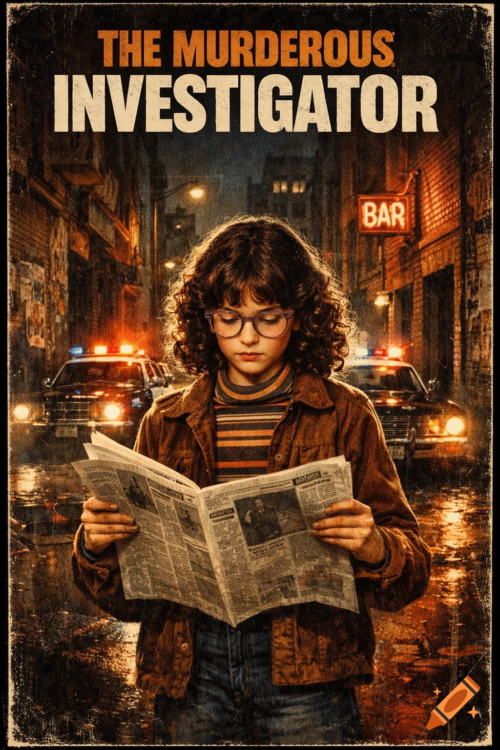 A retro 1970s movie poster depicts a young girl with glasses reading a newspaper on a rainy city street at night, with police cars and a BAR sign. The title reads "THE MURDEROUS INVESTIGATOR".