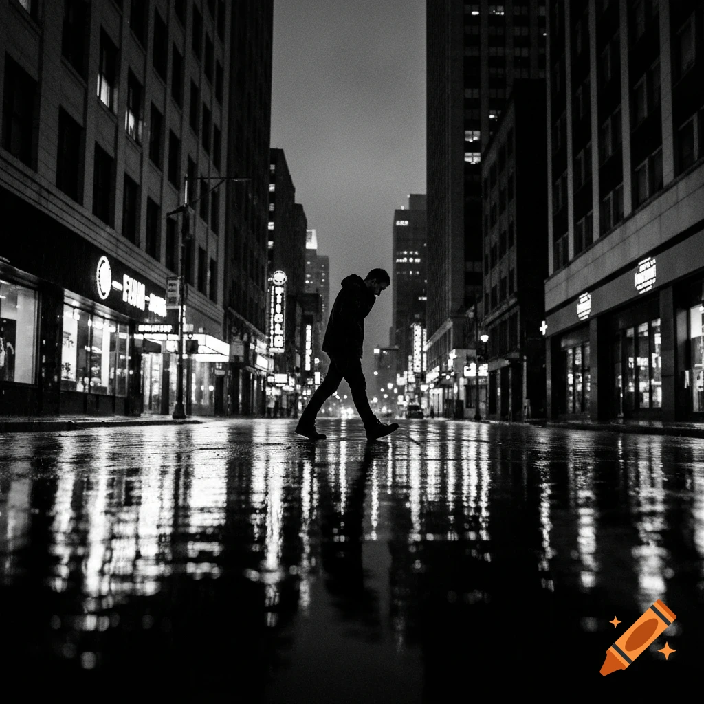 A low-angle black and white street photo of a lone figure walking across a wet city street at night, with reflections of building lights.