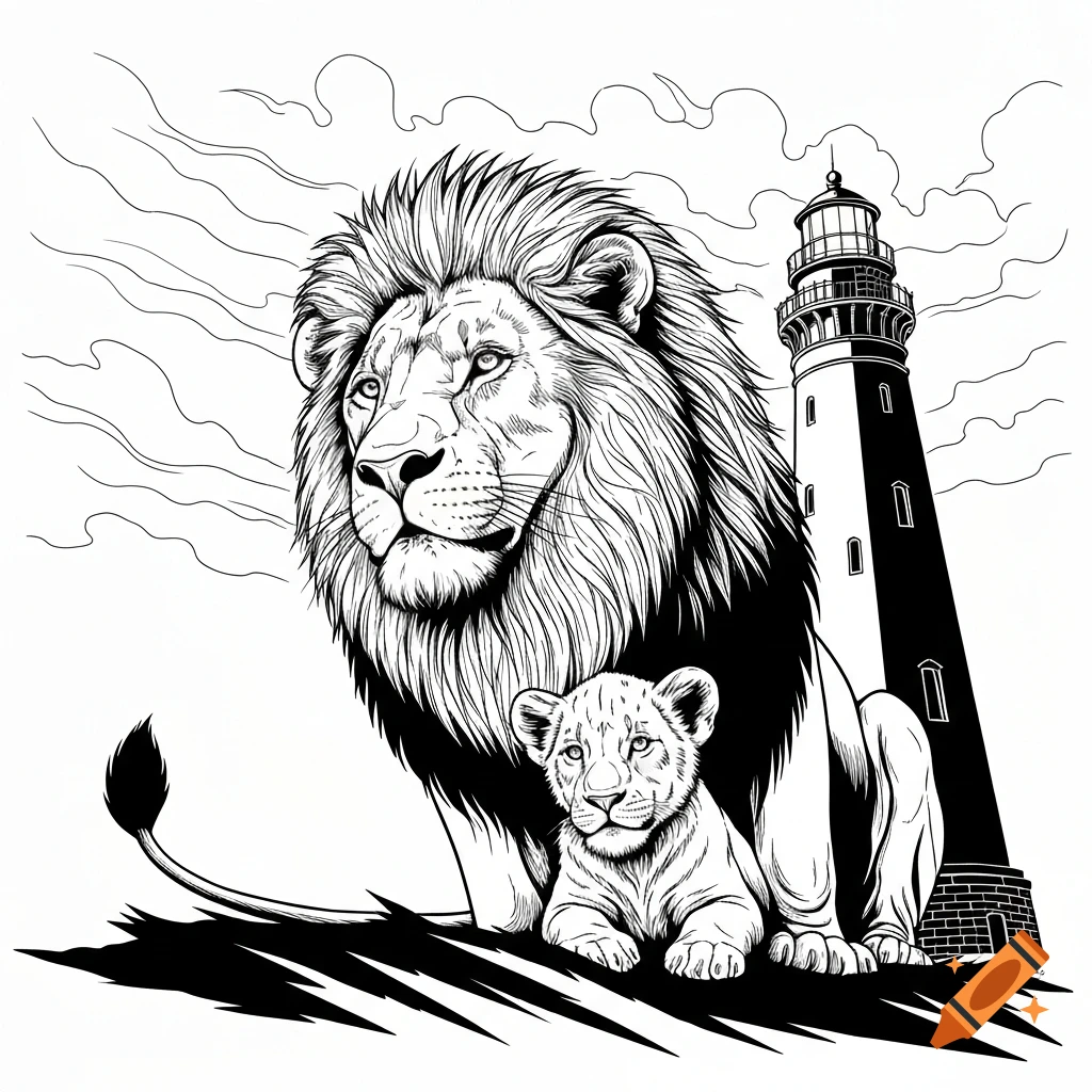 Black and white line drawing of a majestic male lion and cub with a lighthouse in the background.