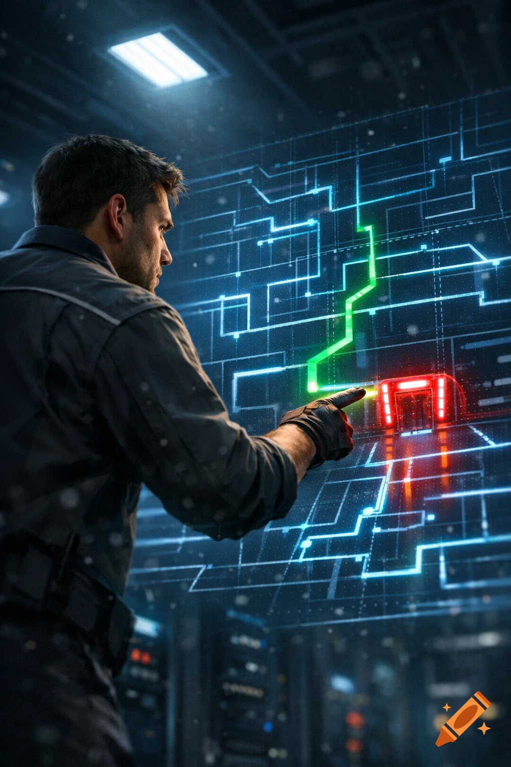 A technician in a dark uniform points at a glowing digital network display with a green path leading to a red zone in a futuristic control room.