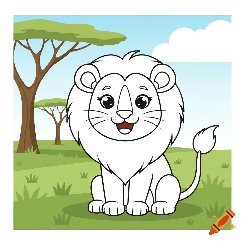 A friendly, smiling cartoon lion with a fluffy mane, sitting in a savanna with acacia trees. Outline drawing for coloring.