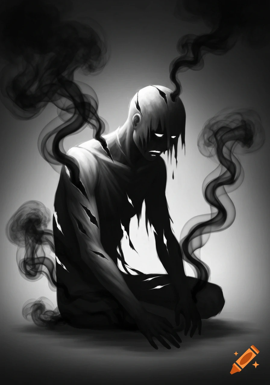 Monochromatic art of a hunched, torn figure with glowing eyes, surrounded by dark smoke, symbolizing emotional pain.