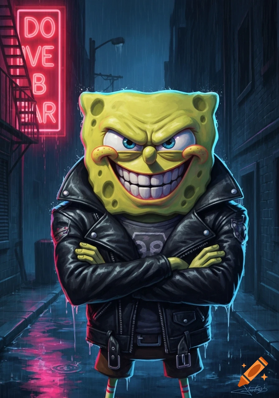 Spongebob Squarepants in a leather jacket with arms crossed and a menacing grin stands in a rainy, neon-lit alley.
