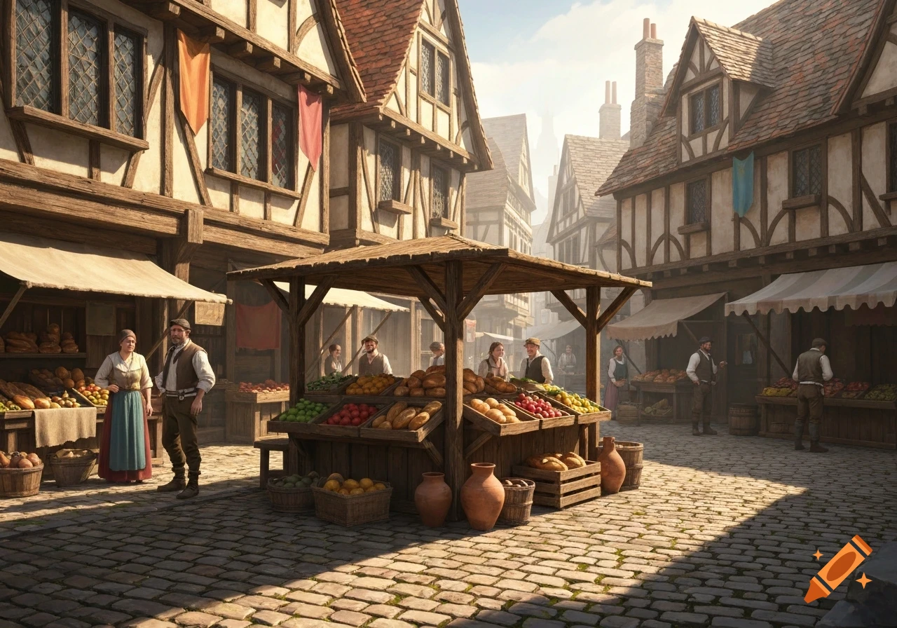 A bustling medieval marketplace with vendors selling produce under wooden stalls. Timber-frame buildings line a cobblestone street.