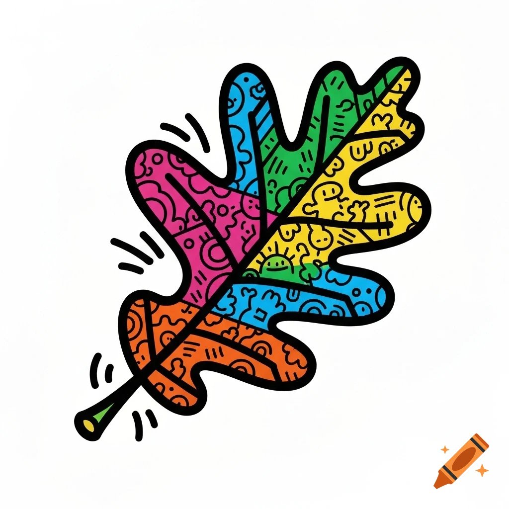 Vibrant, stylized oak leaf with thick black outlines and colorful segments filled with abstract doodle patterns on a white background.
