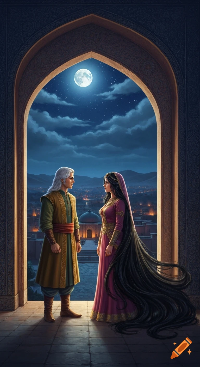 Cinematic illustration of a man and woman in ancient Persian attire looking at each other through an archway at night.