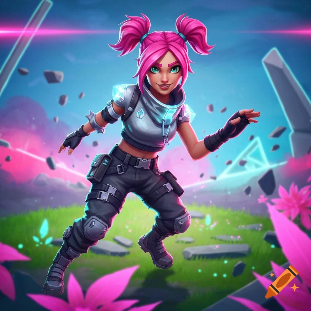 A stylized female character with pink pigtails and a tactical grey outfit runs in a vibrant, futuristic landscape.