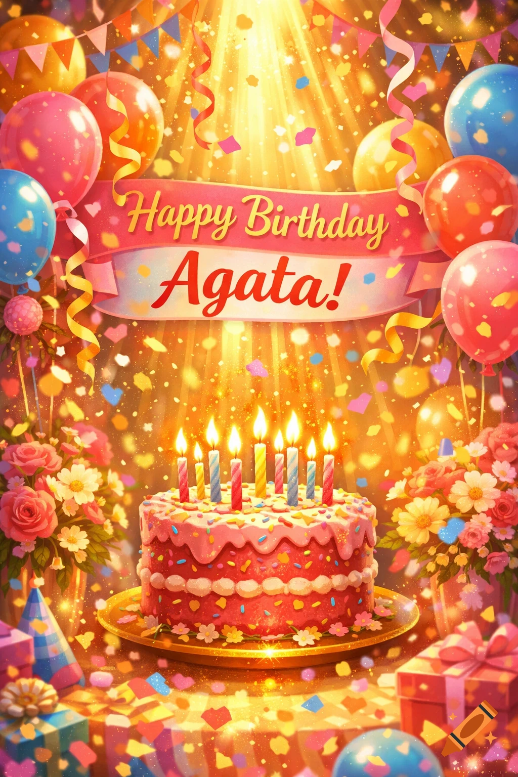 A vibrant birthday scene with a decorated cake, lighted candles, balloons, gifts, and confetti, under a glowing light, featuring a banner that reads "Happy Birthday Agata!"