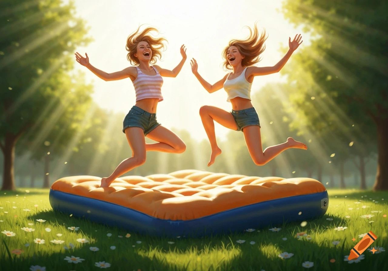 Two smiling women in shorts and tank tops jump high off an orange and blue inflatable air bed in a sunny green park with wildflowers.