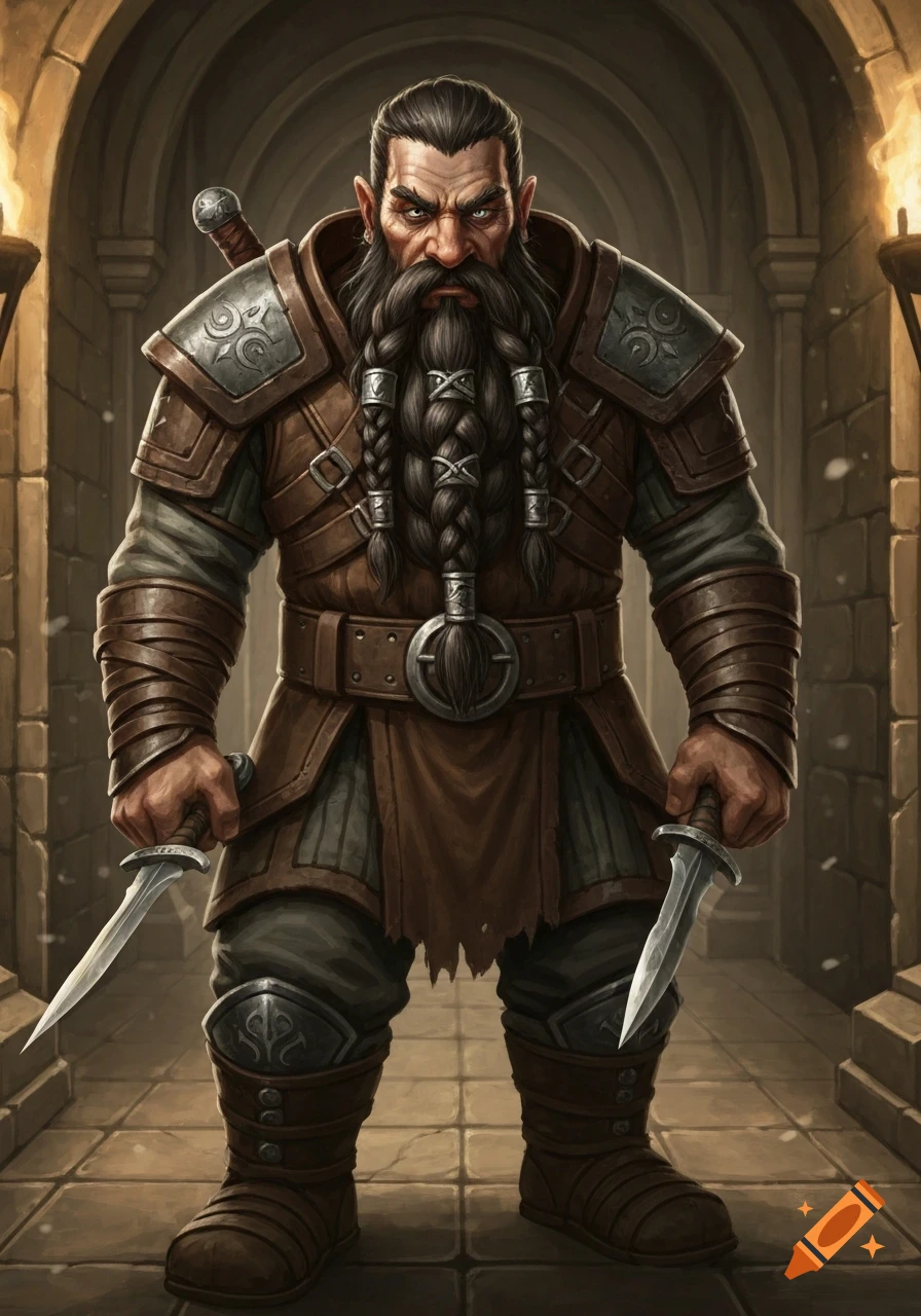 A fierce, bearded dwarf warrior in leather armor with braided hair, holding two daggers in a stone dungeon.