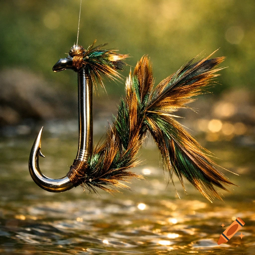 A photorealistic fly fishing lure shaped into the initials 'J K' with a shiny metal hook and brown and green feathers, suspended over shimmering water.