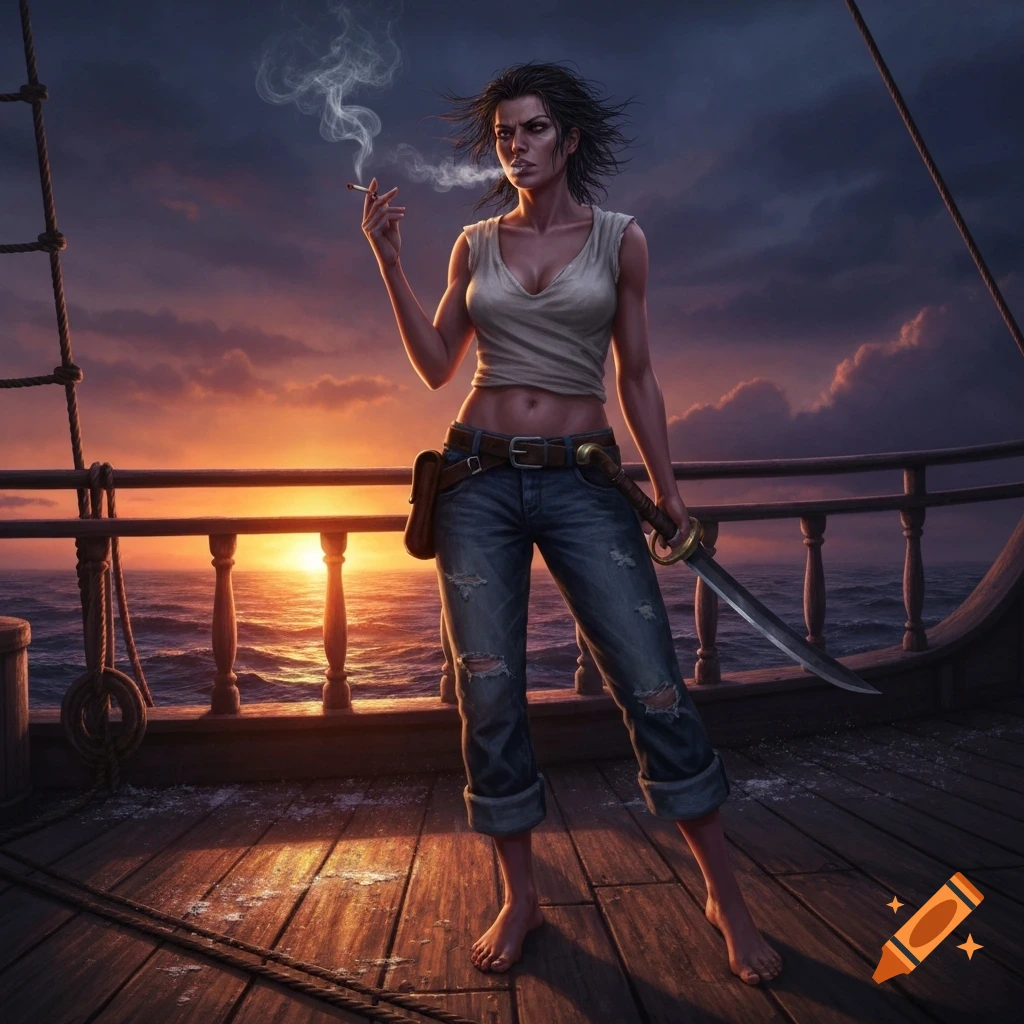 A strong female pirate in ripped jeans and a tank top stands barefoot on a ship deck, smoking a cigarette at sunset, holding a sword.