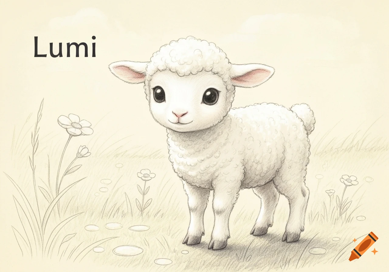 A cute, fluffy white lamb with big eyes stands in a field with ...