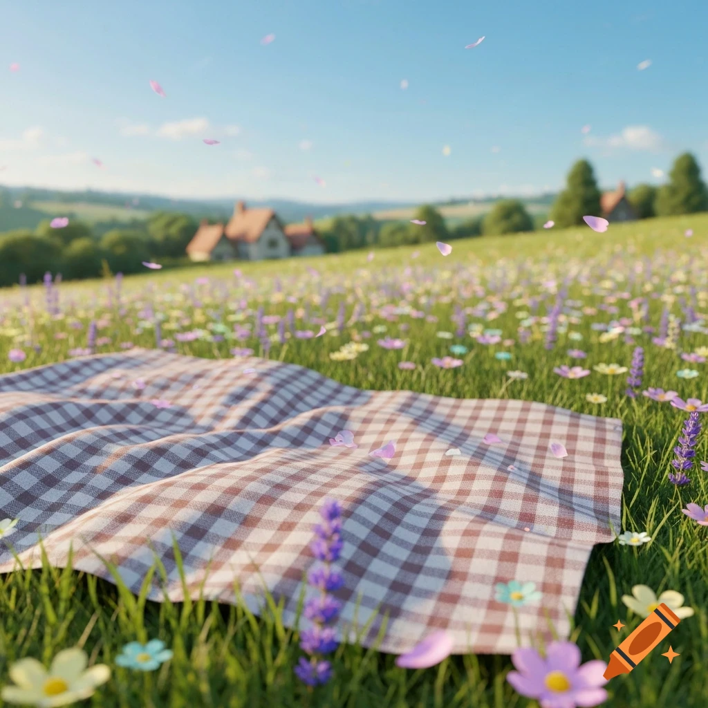 Picnic blanket on a sunny meadow filled with colorful pastel flowers, with a distant village under a clear blue sky.
