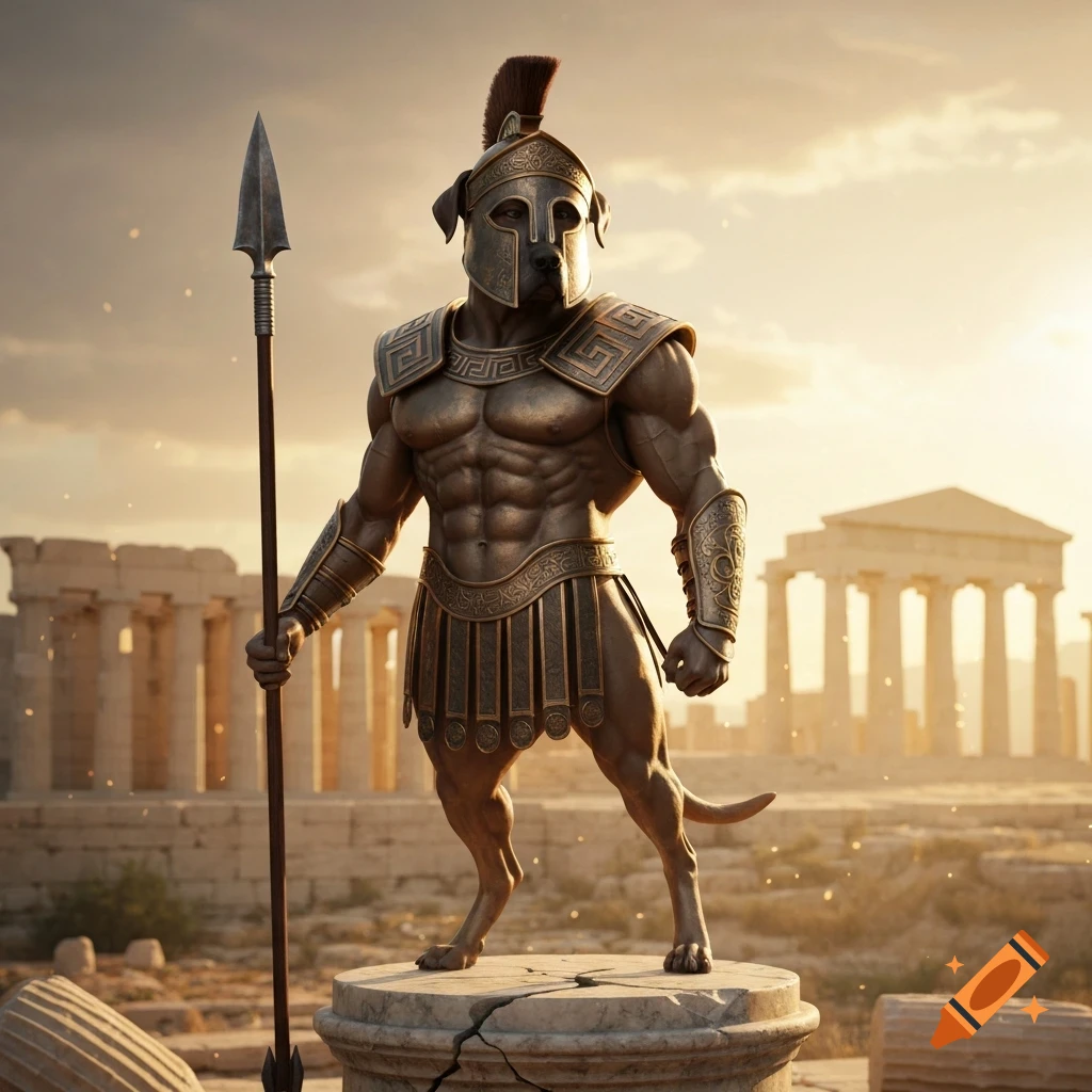 A bronze statue of a muscular dog in Greek warrior armor holding a spear, standing on a pedestal amidst ancient ruins at sunset.