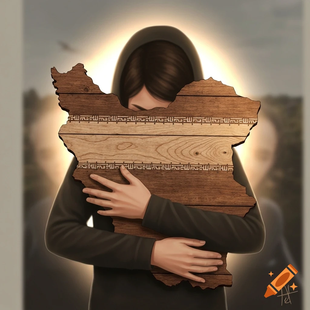 An illustration of a person in a head covering hugging a wooden map of Iran, with stylized text-like patterns on the map.