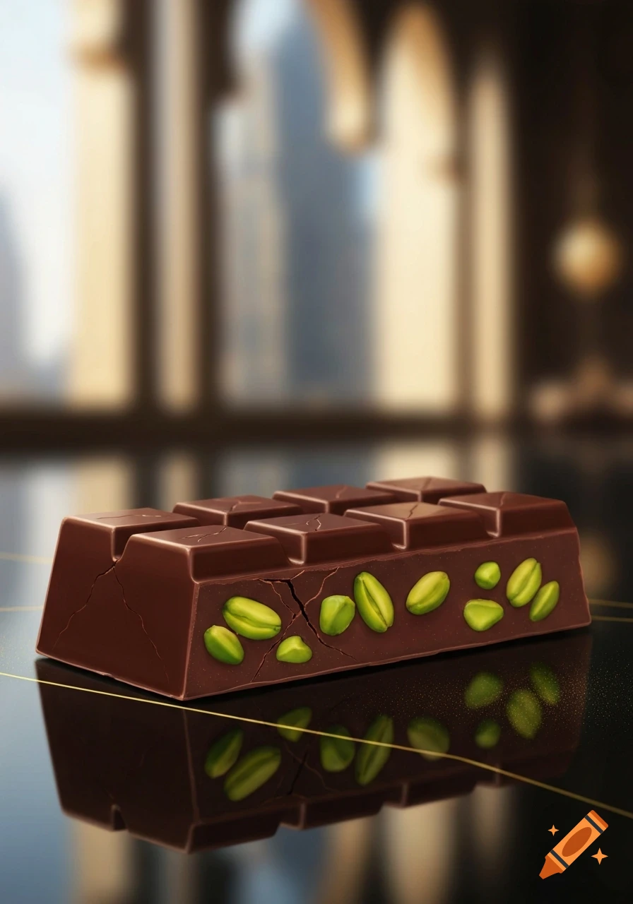 A dark chocolate bar with green pistachios embedded, reflecting on a glossy surface with a blurred architectural background.